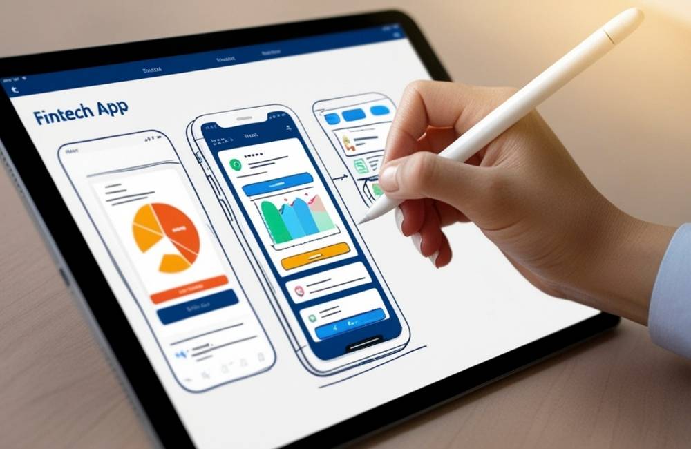 タブレット画面に表示された「Fintech App」のデザインを、ペンシルを使って修正・確認している手のクローズアップ。グラフやモバイルアプリのUIが表示されている。