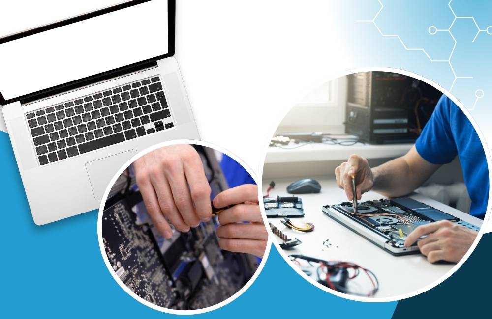 ノートパソコンの横と中央の円の中に、デスクトップPCやノートPCの内部を修理・メンテナンスしている作業者の手の合成画像。