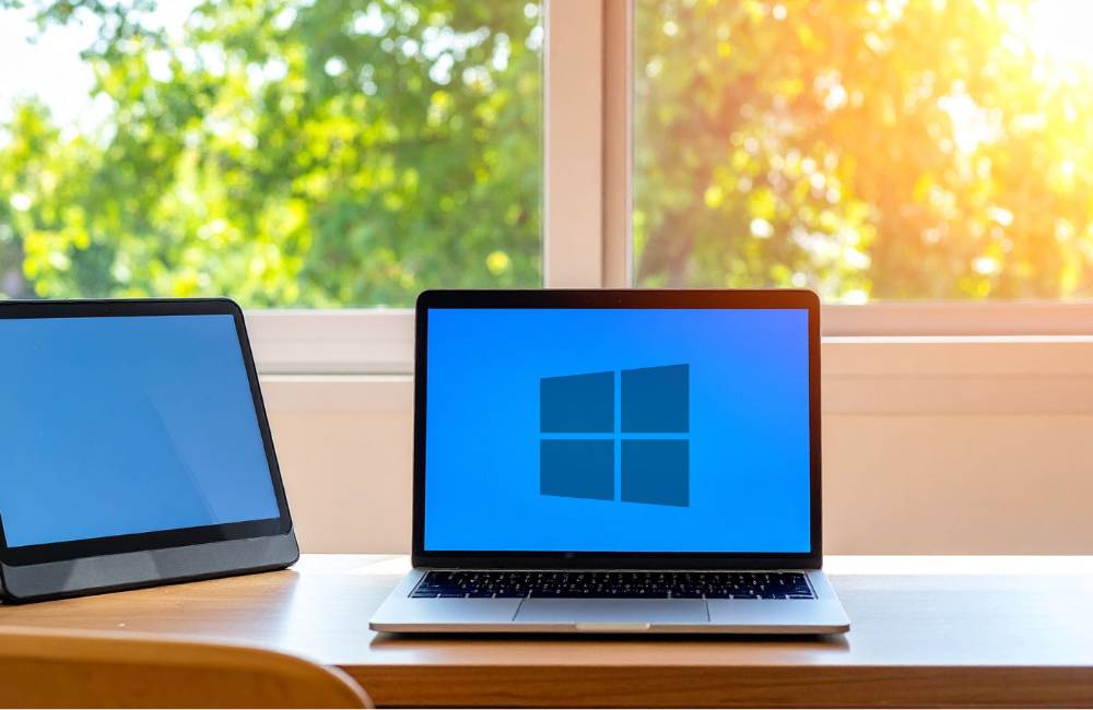 窓からの光が差し込む中で、Windowsのロゴが表示されたノートパソコンが置かれている画像。OS側の設定確認や見直しを行うイメージ。