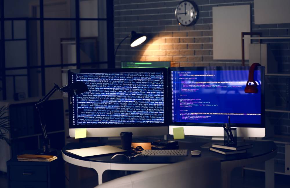 デスクの上に置かれた2台のモニターに大量のコードが表示されている画像。専門的な診断ツールを使ったシステム解析やトラブル解決のイメージ。