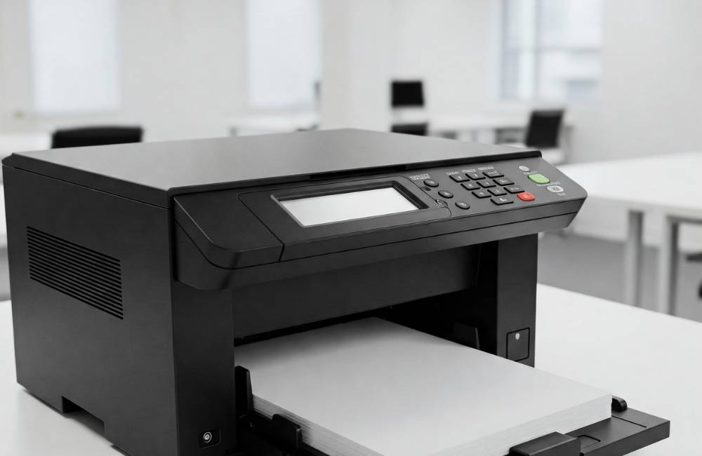 用紙が給紙トレイにセットされた黒いプリンタ本体と、コントロールパネル（操作画面）がクローズアップされた画像。