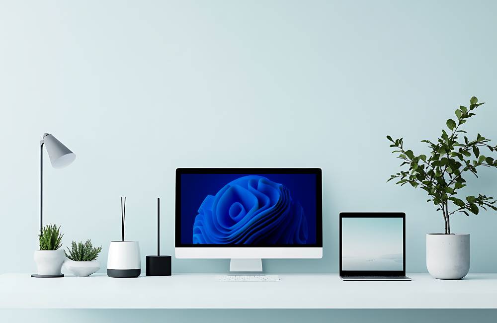 淡い青の壁を背景に、Windows 11の青い壁紙を表示したデスクトップモニターとノートPCが並ぶ、クリーンなデュアルディスプレイ環境。