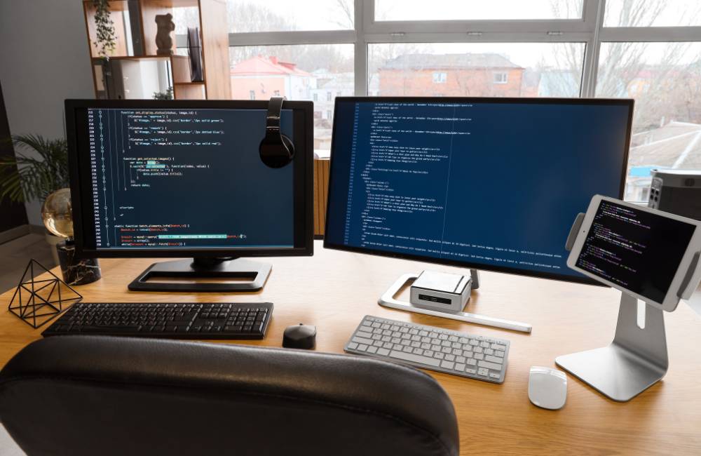 窓際にある木製のデスクに設置された、プログラミングコードが表示された2台の大きなモニター、タブレット、キーボード、マウス、ヘッドセットなどのハイスペックな作業環境