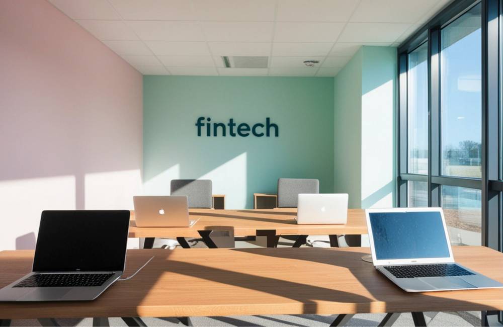 「Fintech」というロゴが壁面に掲げられた明るいオフィスのデスクに、複数台のノートパソコンが整然と並べられている導入事例の様子