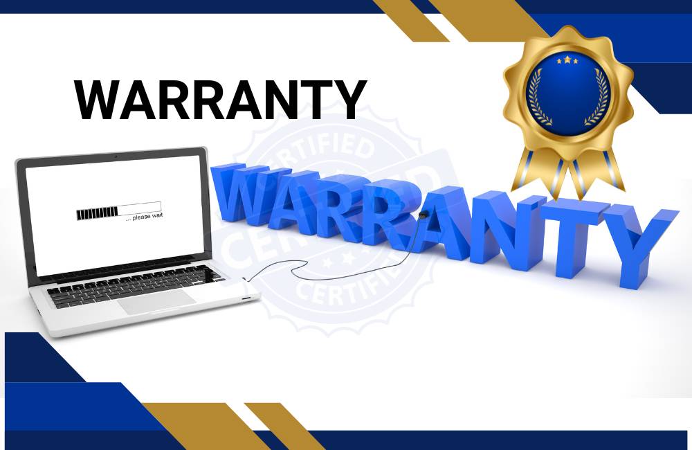 白い背景に「WARRANTY（保証）」という大きな青い文字と、品質保証を象徴するゴールドのメダル、および読み込み中のノートパソコンのイラスト