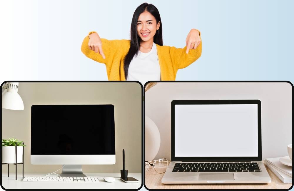 デスクトップPCとノートPCが並んだ画面を指差し、両者の違いを比較・紹介している女性