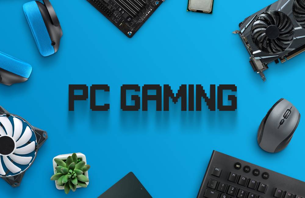 木目調のテーブルに並べられたCPU、マザーボード、グラフィックボード、メモリなどのPCパーツ一式。ゲーム用中古PCの推奨スペックと構成パーツの解説イメージ。