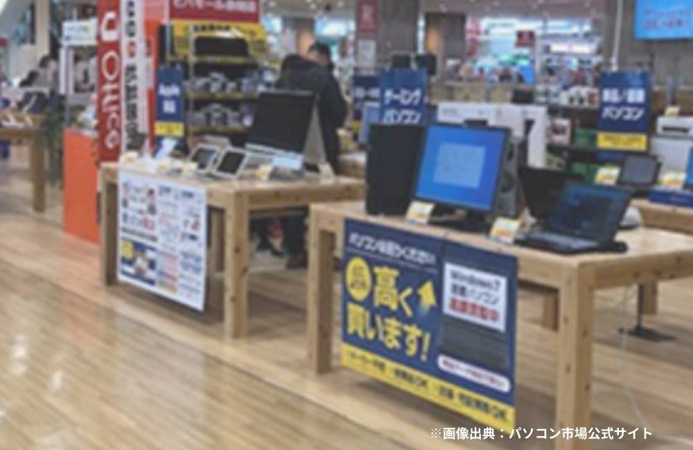 「高く買います！」という買取強化のポスターが掲げられたパソコン市場の実店舗の様子。店内にはゲーミングパソコンのコーナーがあり、多くの実機が展示されているため、買い替えの相談や実際の動作確認ができる安心感と活気あふれるショップの画像。