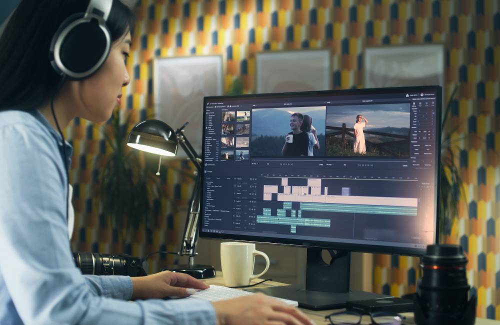 広々としたL字デスクで、大型モニターに動画編集ソフトを開き、真剣な表情で作業をする女性。ヘッドホンを装着し、プロフェッショナルなクリエイティブ作業に没頭している様子。
