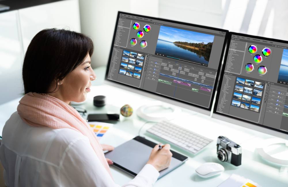 大きな2台のモニターを使い、複雑な動画編集ソフトで作業をしている女性の横顔。プロ仕様のデスクワーク環境。