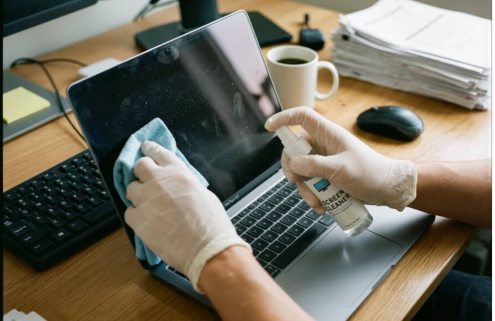 マイクロファイバークロスを使い、パソコンの液晶画面についた指紋やホコリを優しく拭き取っている清掃作業の様子