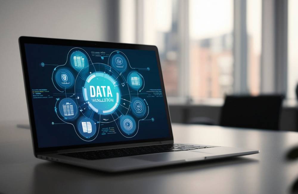 ノートパソコンの画面にデータや情報が整理され、用途に応じてオフィスソフトを比較・検討するイメージ