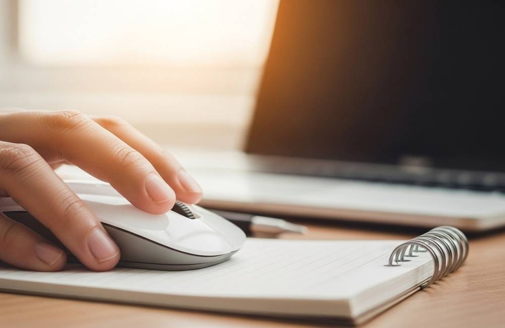 ノートパソコンの横に置かれたノートの上で、白いマウスを丁寧に操作している右手のアップ。