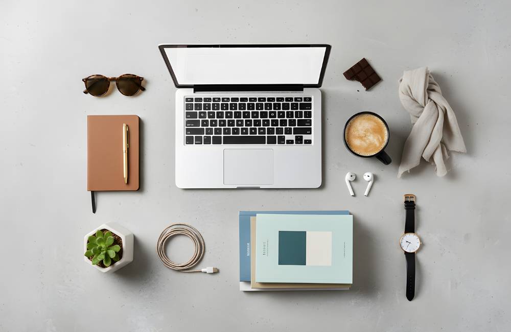 ノートパソコンを中心に、文房具やコーヒーが整えられた清潔なデスク環境。中古PCを落ち着いて使う日常イメージ