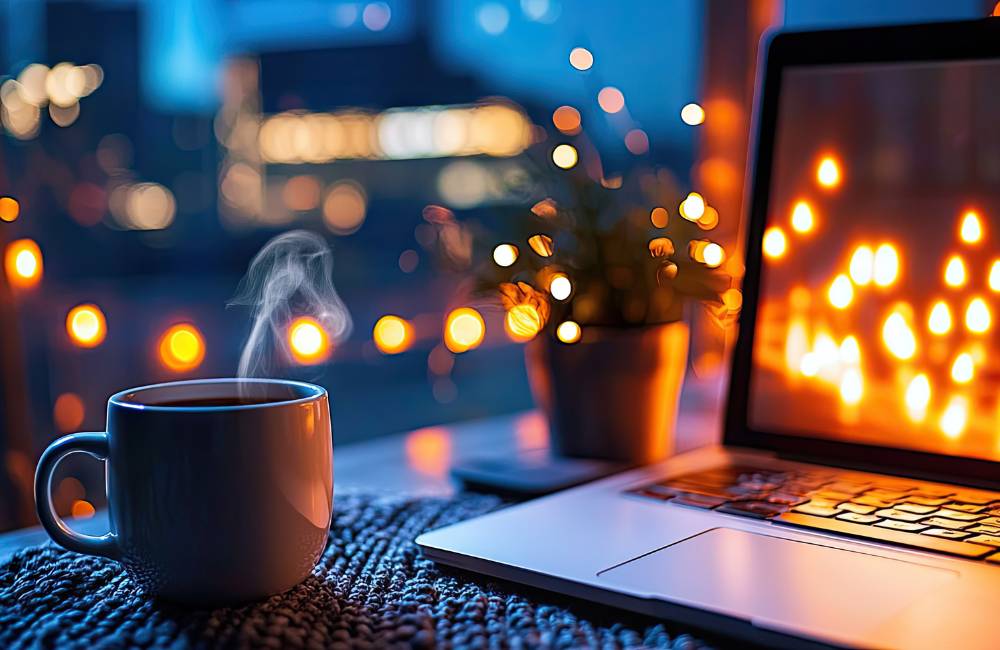 夜、室内の窓際に置かれたノートPCと湯気の立つコーヒーカップ。PC画面のオレンジ色の光と、背景のぼやけた街の光が温かい雰囲気を作り出している。