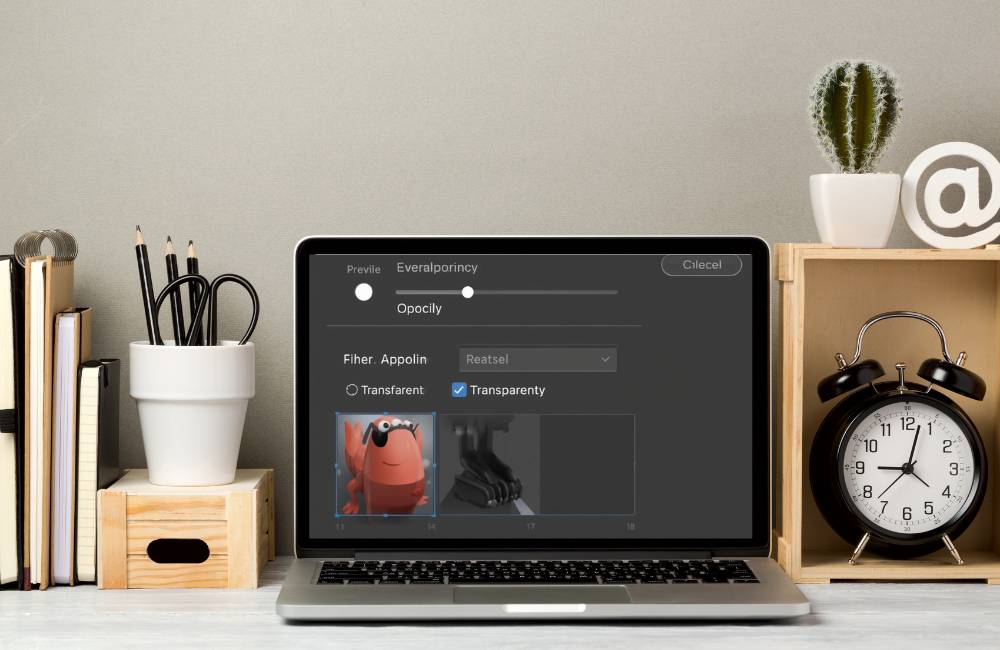 ノートパソコンの画面に透明効果（Transparency）の設定画面が表示されている。デスクには鉛筆立てや時計、観葉植物などが整然と配置され、落ち着いた作業環境が演出されている。