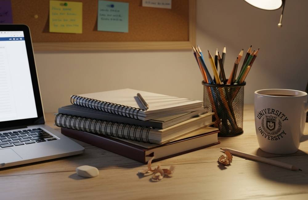 ノートパソコンとノートを机に並べ、落ち着いた環境で学習や作業を振り返る様子