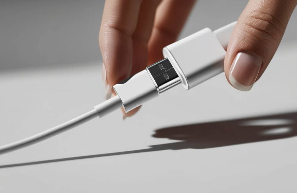 最新ノートPCの充電に使用される左右対称構造のホワイトカラーUSB Type-Cコネクタを手に持っている様子