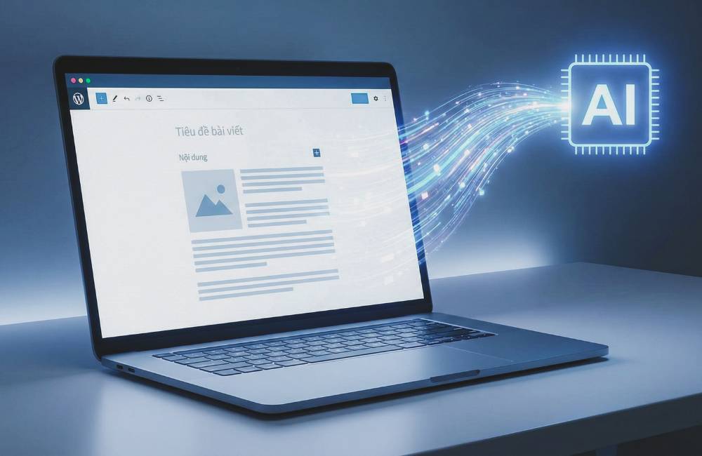 AI技術のイメージとノートパソコン。最新技術にも対応する高品質な中古パソコン販売のイメージ。