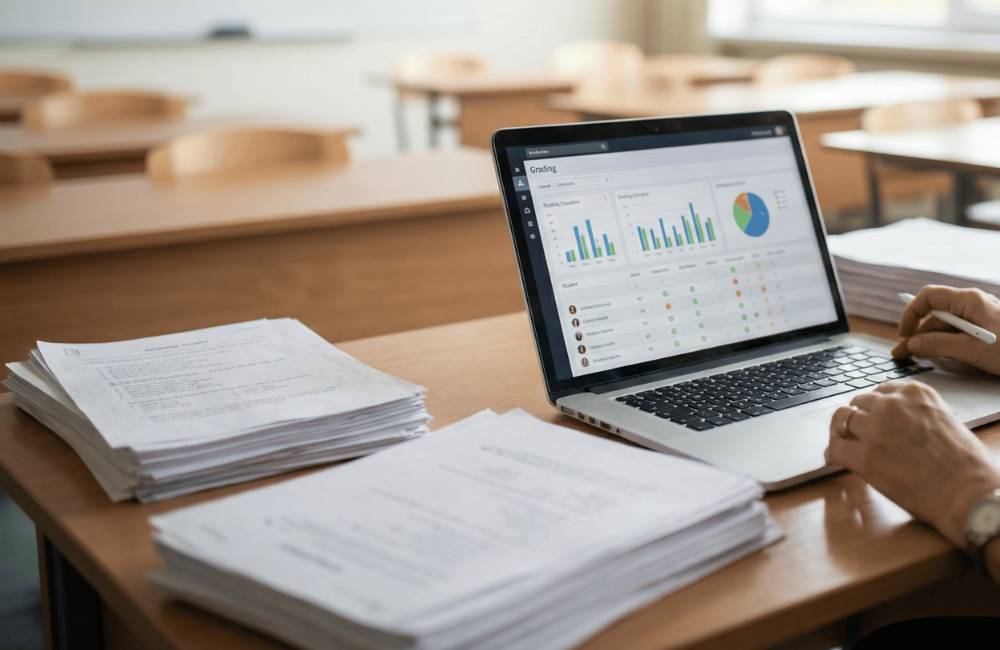 教室のような場所で、データがグラフ化された画面を見ながら作業する様子(客観的なデータに基づいた比較を表現)