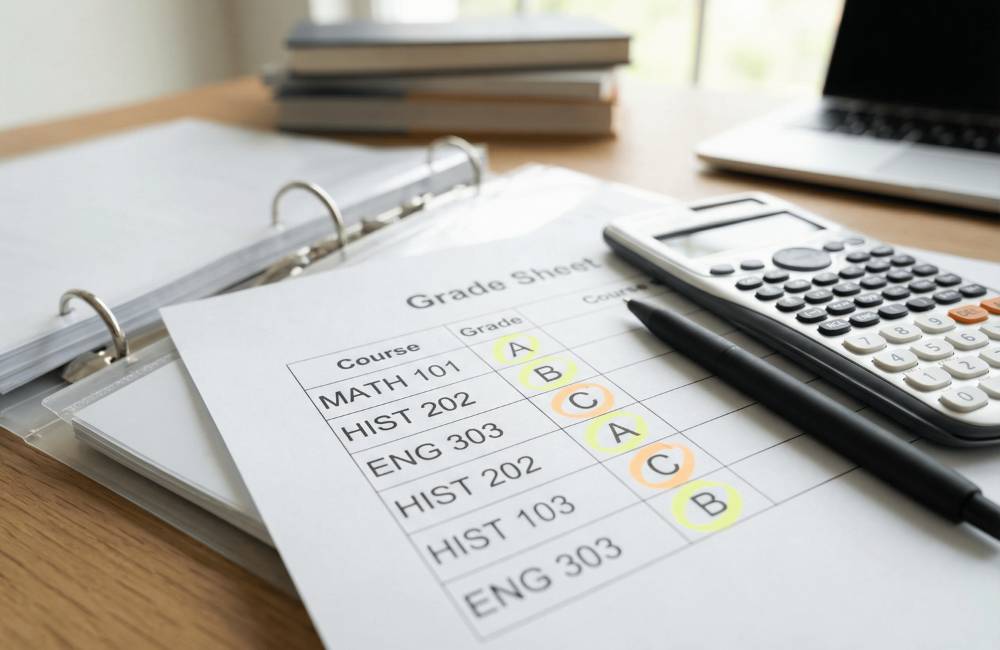 AやBなどの評価が記載された成績表のような書類と電卓(Qualit独自の厳しい状態ランク選別を表現)