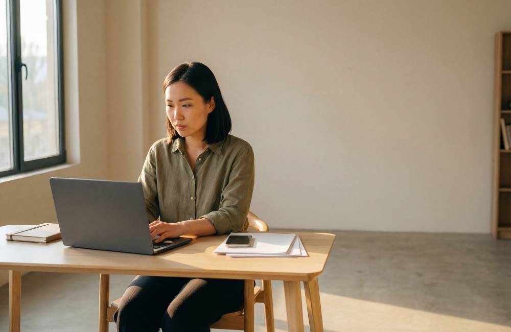 明るい室内で、自分に合ったパソコンを真剣に選んでいる女性の姿。ユーザーそれぞれのライフスタイルや用途に合わせて最適な一台を探す様子を表現。