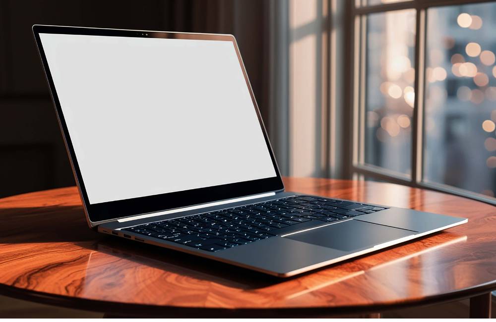 木目のテーブルに置かれた、画面が明るく洗練されたデザインの薄型ノートパソコン
