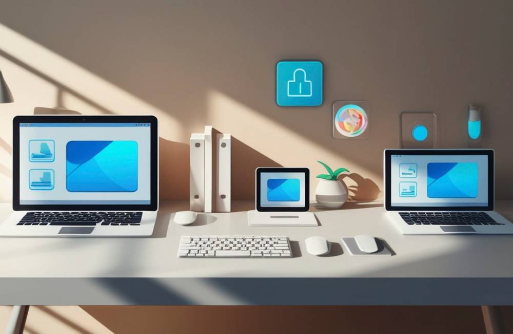 デスクの上に並んだ複数のPCデバイスと、セキュリティや設定を連想させるクリーンなアイコンのグラフィック