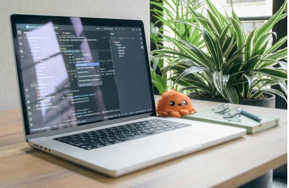 画面にコードが表示されたパソコンの横に、小さな植物とぬいぐるみが置かれた温かみのある作業風景