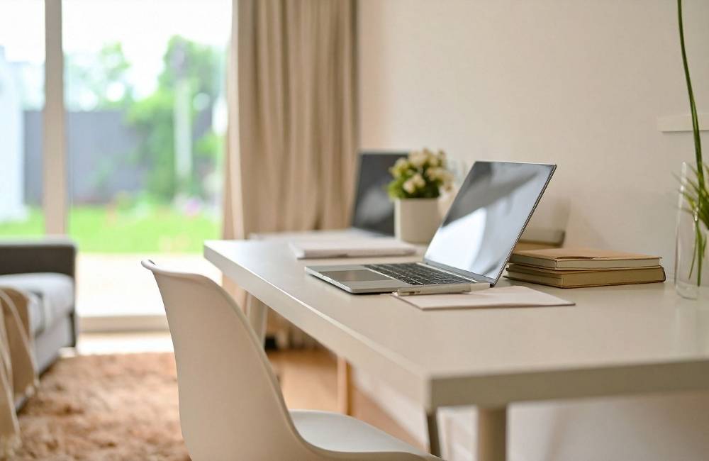 明るい光が差し込む窓際の白いデスクに置かれた、薄型で持ち運びやすそうなノートパソコン
