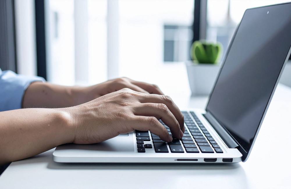 トラックパッドとキーボードを操作する手元のアップ