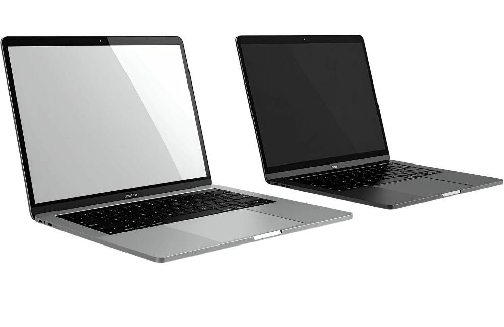 画面が点灯したシルバーと、画面が消灯したダークグレーの2台のノートパソコン。