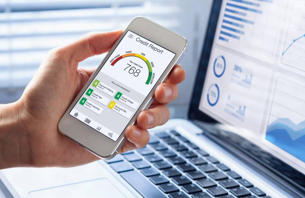 スマートフォンでクレジットスコアや詳細な分析データを確認する様子